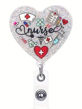 Heart Nurse Badge Reel with Medical Icon Art - Glitter White